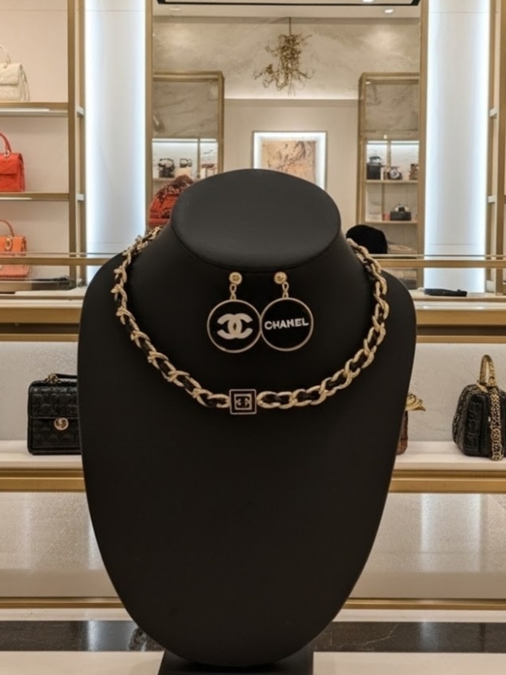 CHANEL Gold and Black Chocker Chain Necklace with Logo Drop Earrings